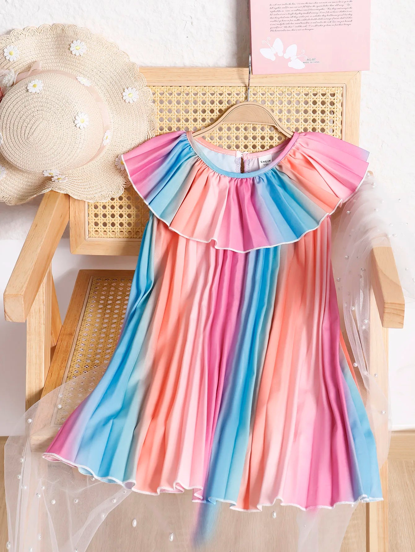 4-7 Year old Girls' Dress Doll Collar Colorful Gradient Pleated Dress Children's clothing girl Summer Casual Dress