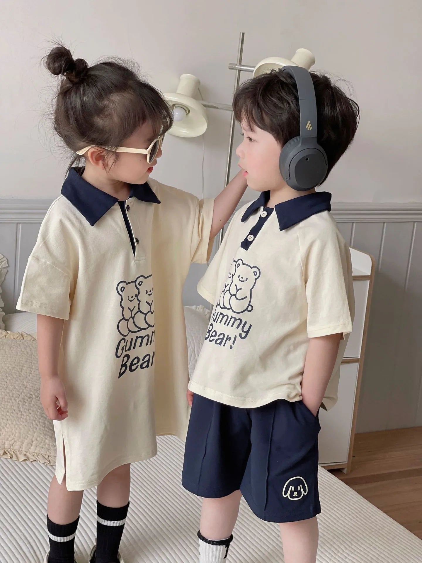 2024 New Brother Sister Costumes Boys Fashion Pullover Turn-down Collar Tops Solid Shorts Girls Cartoon Cute Dress Bear Dresses