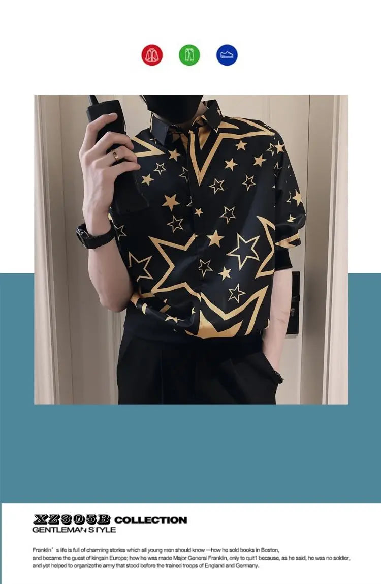 2023 New Men's Clothing Street Casual Fashion Tops Loose Turn-down Collar Printing Button Handsome Temperament Generous Shirts