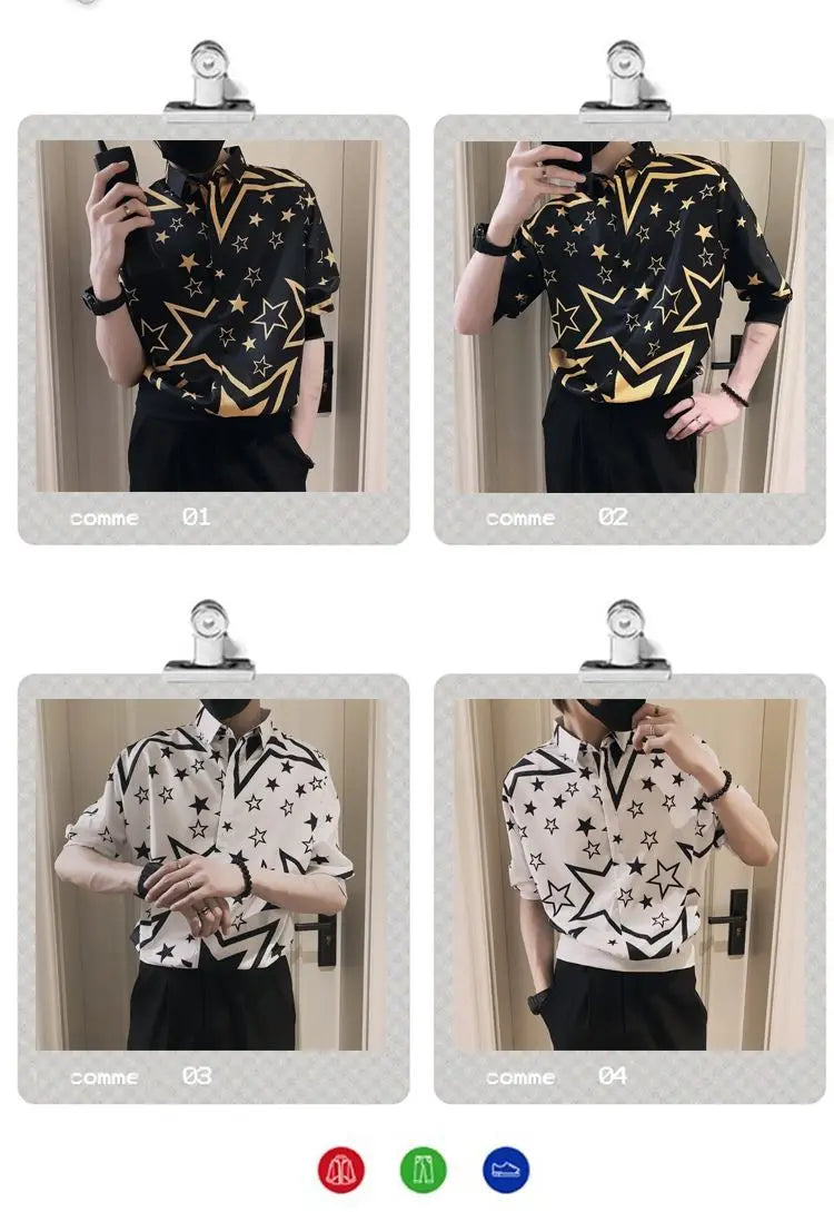 2023 New Men's Clothing Street Casual Fashion Tops Loose Turn-down Collar Printing Button Handsome Temperament Generous Shirts