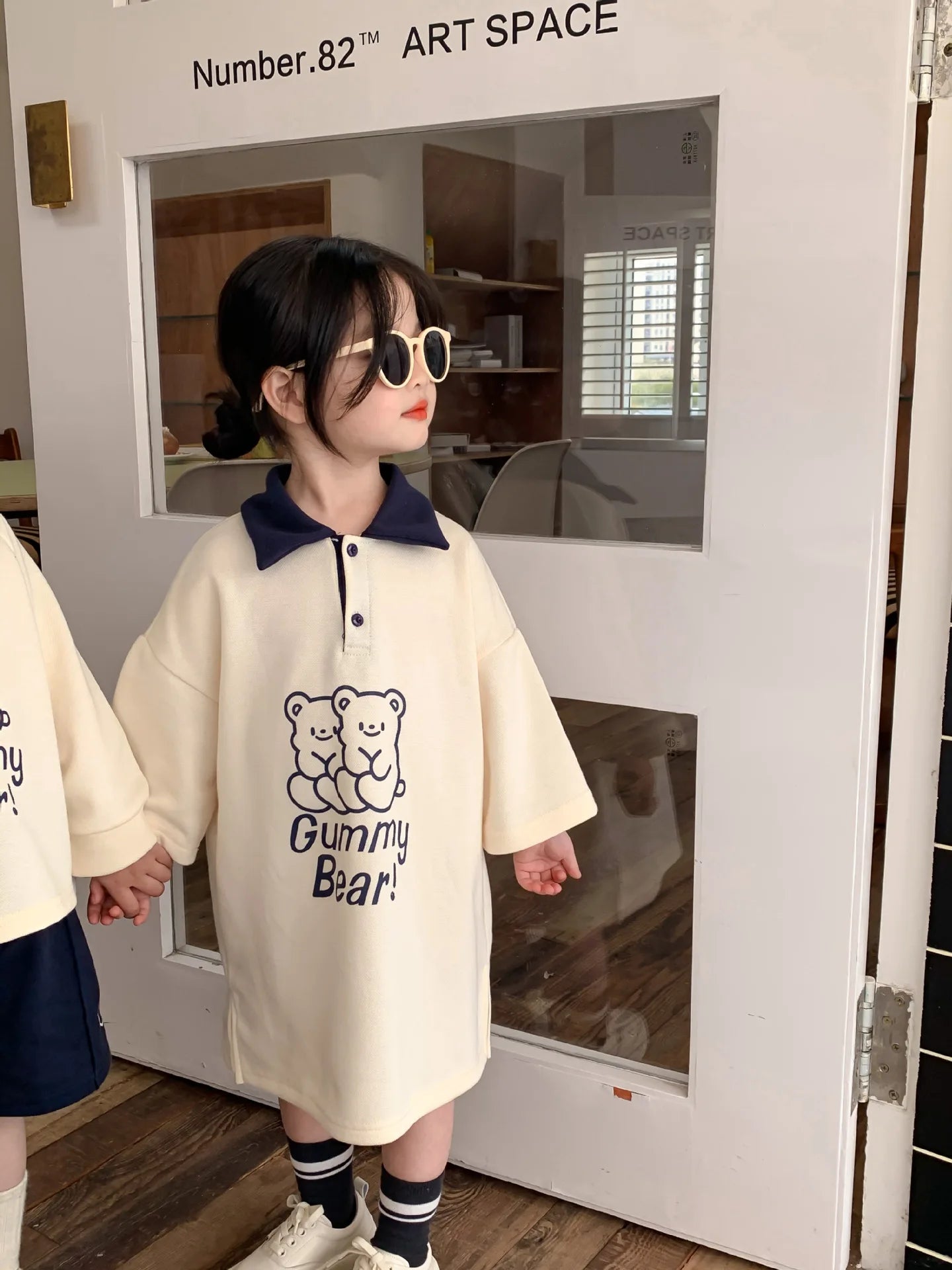 2024 New Brother Sister Costumes Boys Fashion Pullover Turn-down Collar Tops Solid Shorts Girls Cartoon Cute Dress Bear Dresses
