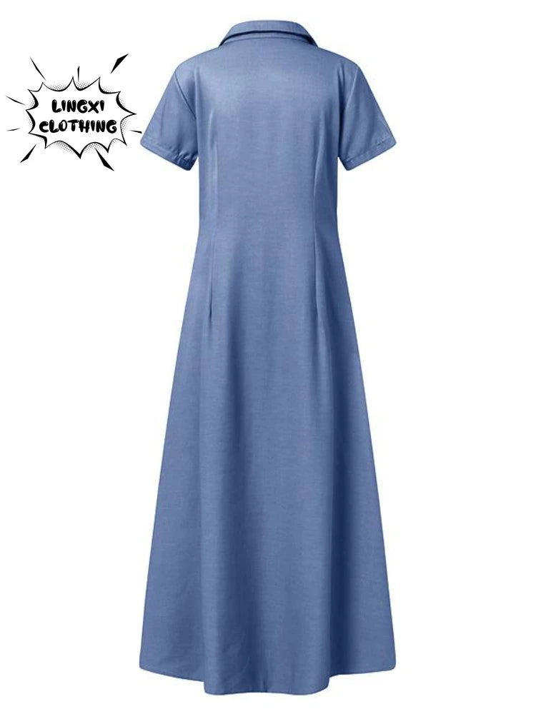 2023 Fashion New Long Dress Shirt Neck Pocket Large Swing Dress Casual Elegant Temperament Single Breasted Denim Dress
