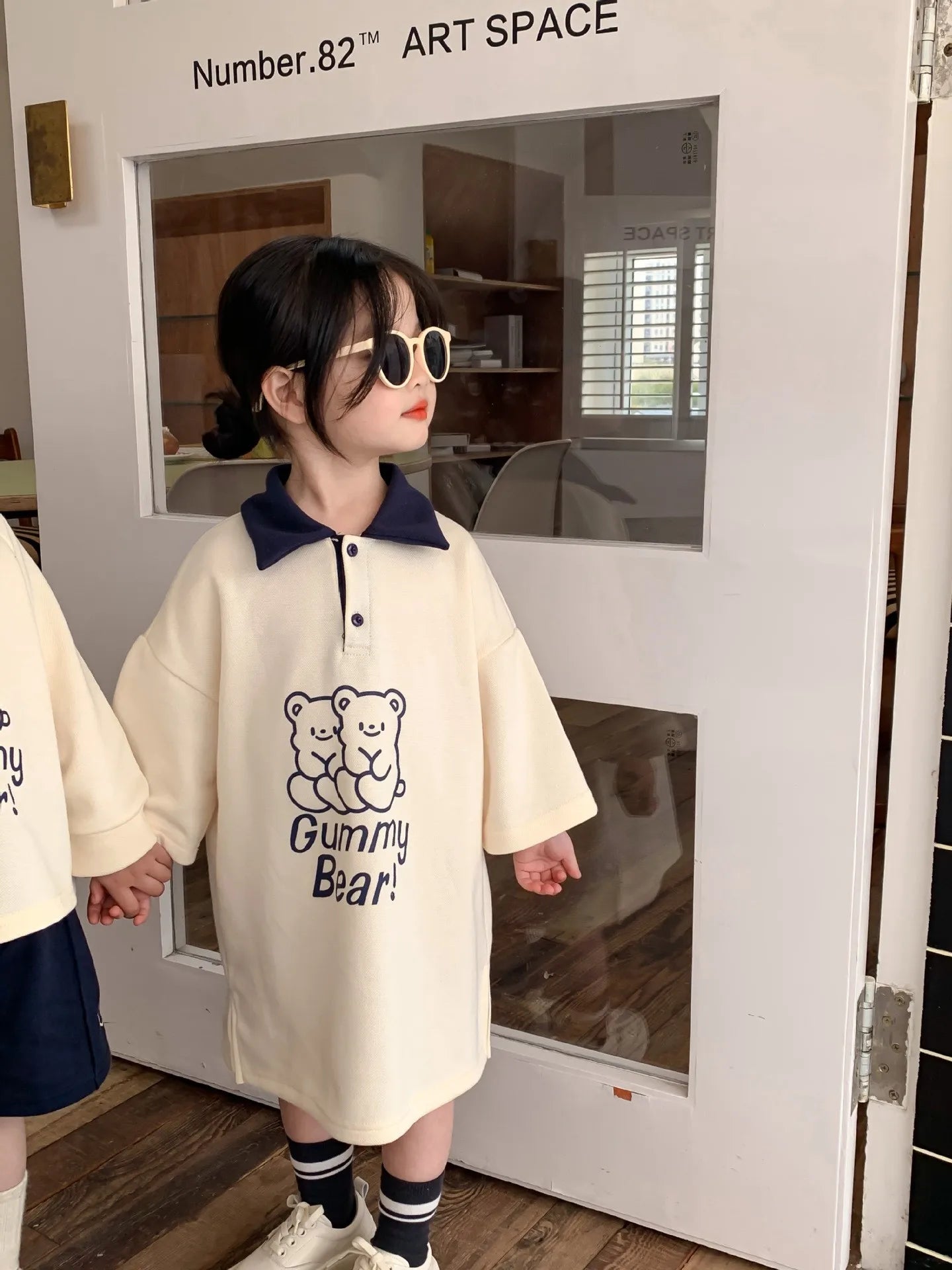 2024 New Brother Sister Costumes Boys Fashion Pullover Turn-down Collar Tops Solid Shorts Girls Cartoon Cute Dress Bear Dresses