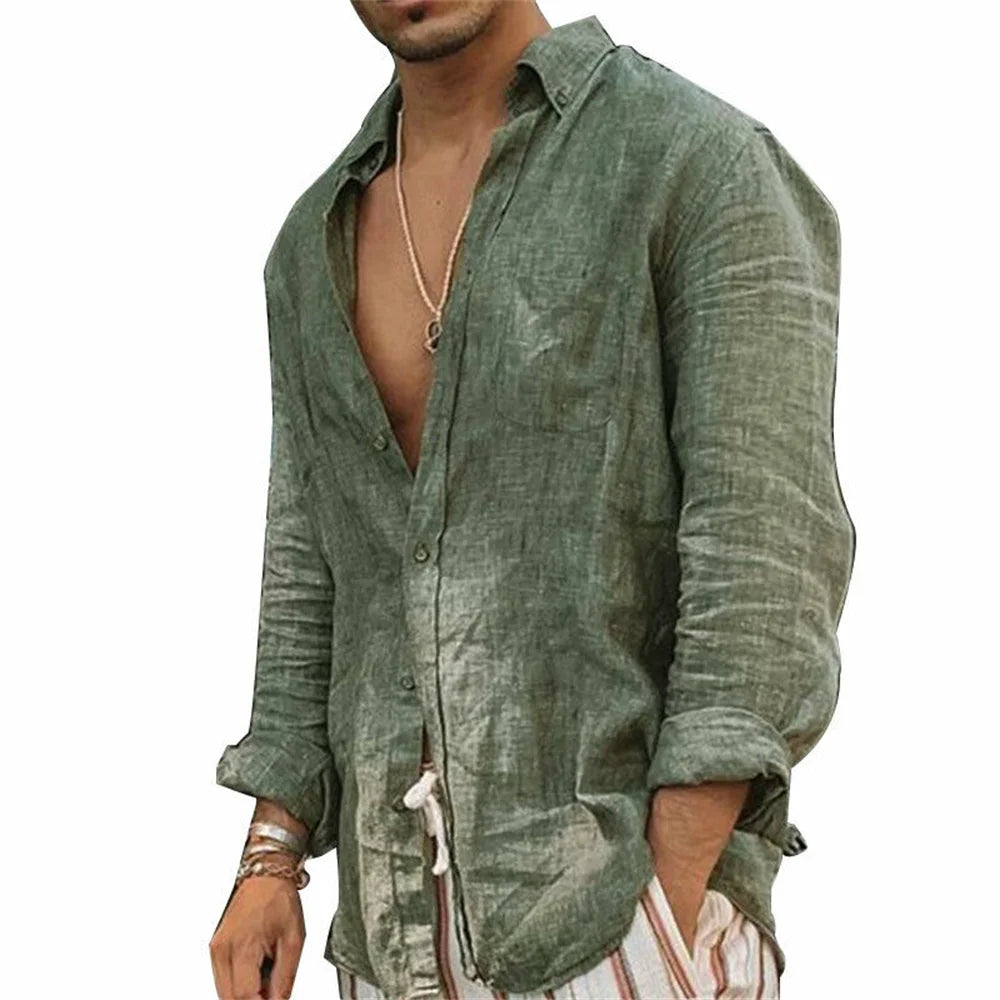 2024 Men Casual Cotton Linen ShirtsStanding Collar Male Solid Color Long Sleeves Loose Tops Spring Autumn Handsome Men's Shirts