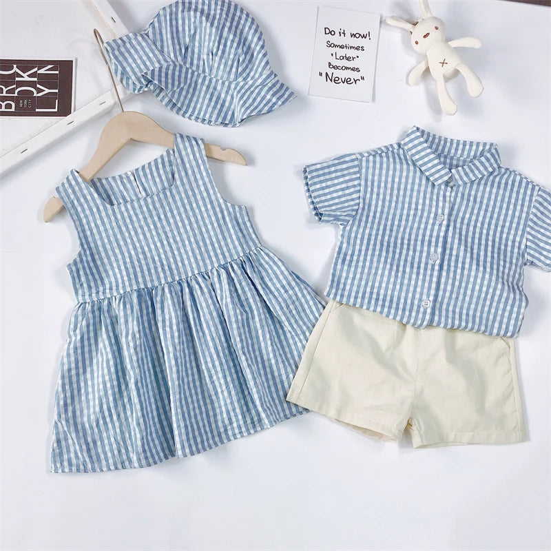 Brother And Sister Suit Kids Lattice Set Boys Gentleman Suit+Girls Princess Dress Toddler Party Clothing Family Outing Clothes
