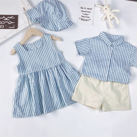Brother And Sister Suit Kids Lattice Set Boys Gentleman Suit+Girls Princess Dress Toddler Party Clothing Family Outing Clothes
