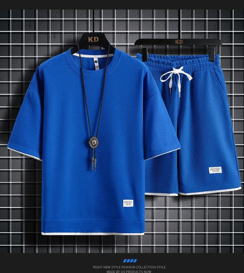 Men's casual sports set, round collar, short sleeve, loose shirt, shorts, waffle style clothing, personality streetwear, summer,