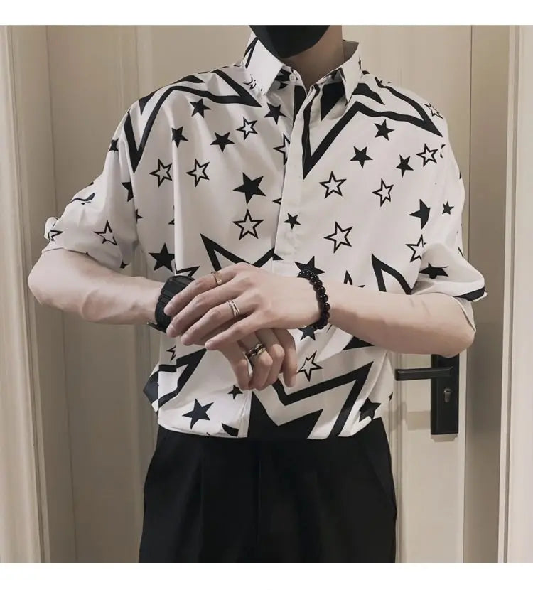 2023 New Men's Clothing Street Casual Fashion Tops Loose Turn-down Collar Printing Button Handsome Temperament Generous Shirts