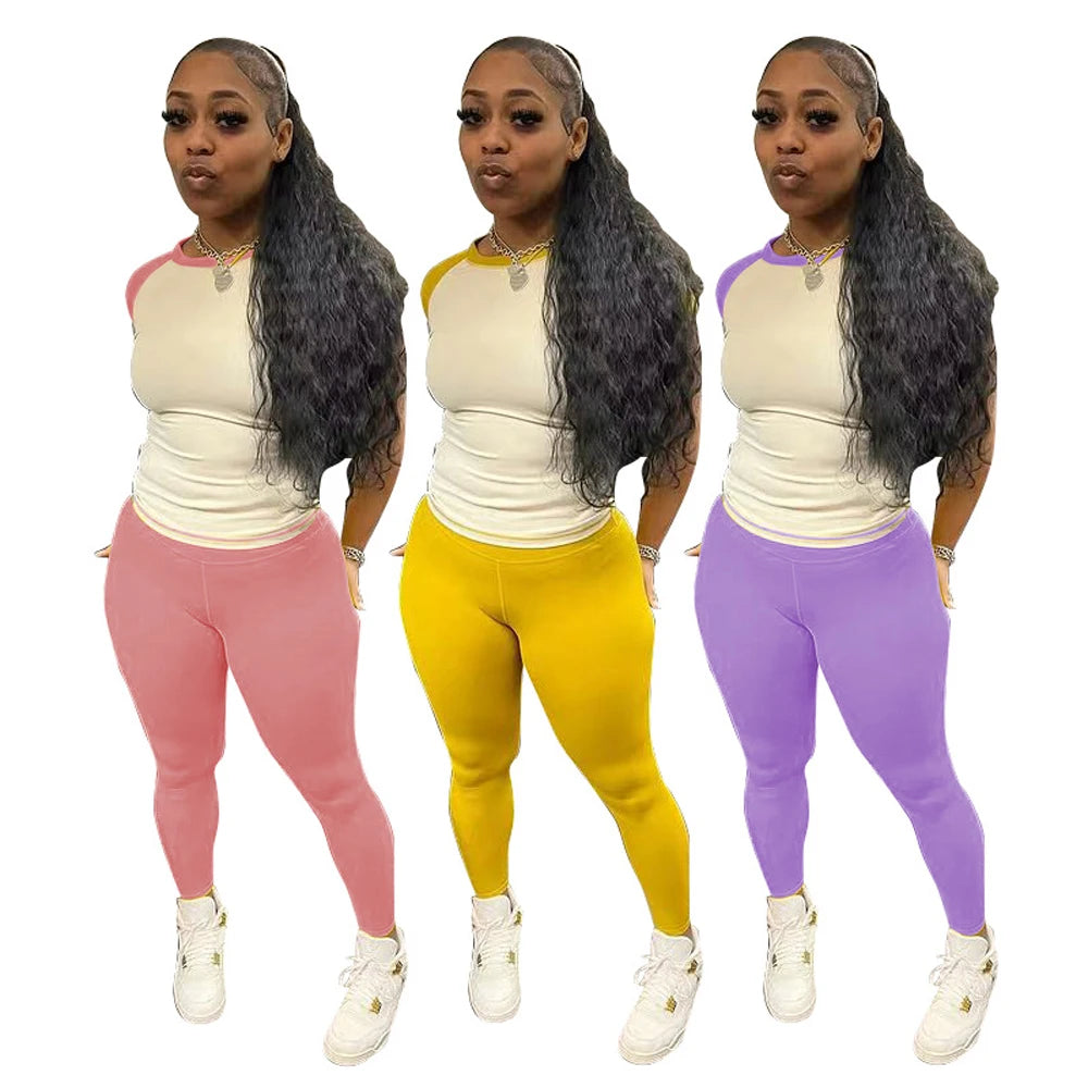 Athleisure Sport Wear Women Sets Fashion Colorblock Short Sleeve Shirt + Leggings Pants Tracksuit 2 Two Piece Set with Headband