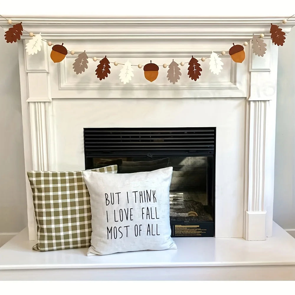 1pc Fall Garland Acorns and Oak Leaves, Neutral Autumn Banner, Felt Leaves and Wood Beads, Thanksgiving Home Decor