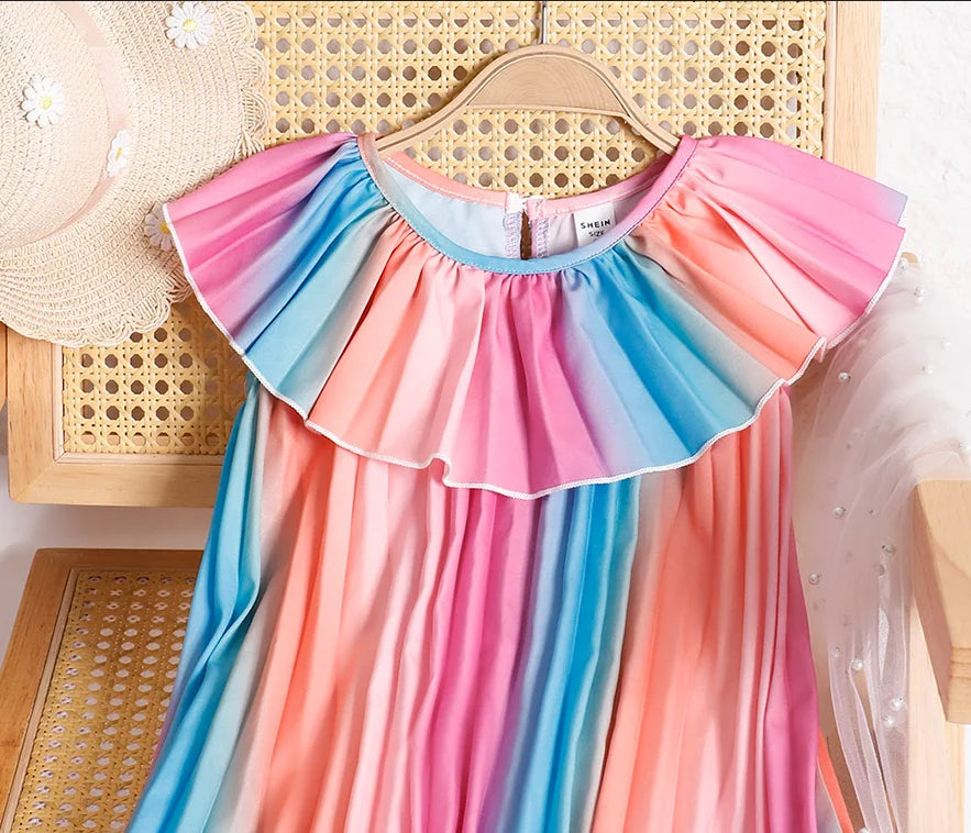 4-7 Year old Girls' Dress Doll Collar Colorful Gradient Pleated  Dress Children's clothing girl Summer Casual   Dress
