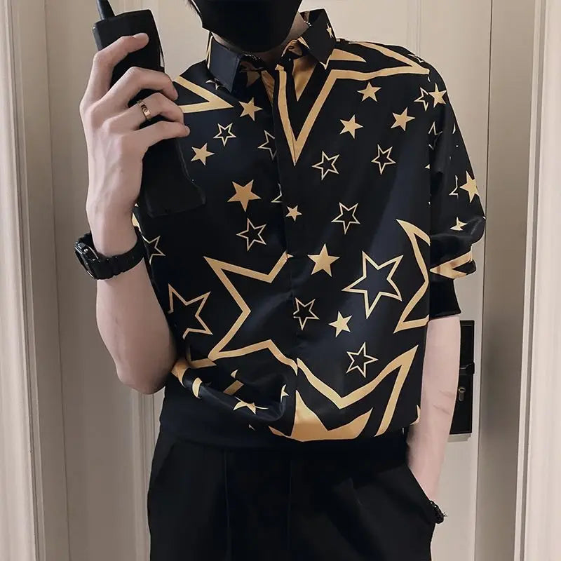 2023 New Men's Clothing Street Casual Fashion Tops Loose Turn-down Collar Printing Button Handsome Temperament Generous Shirts