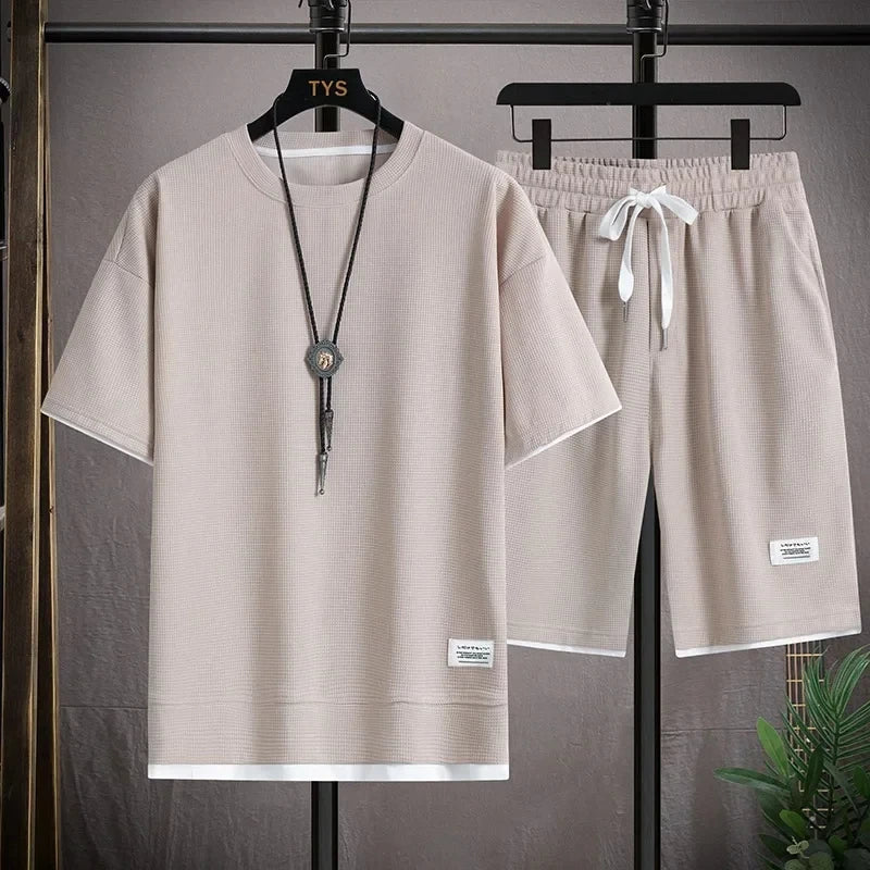 Men's casual sports set, round collar, short sleeve, loose shirt, shorts, waffle style clothing, personality streetwear, summer,