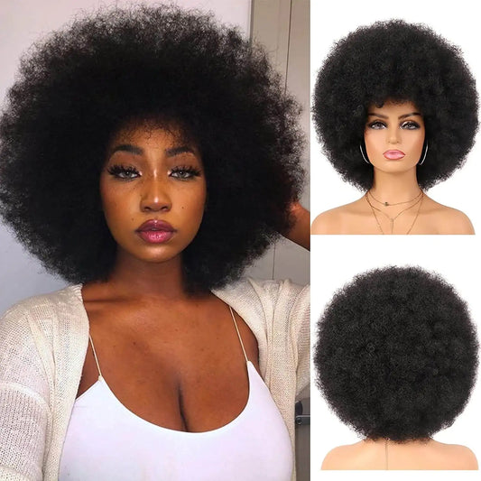 Synthetic Afro Kinky Curly Wig with Bangs 70s Afro Wigs Heat Resistant Bouncy Costume Cosplay Party Wig
