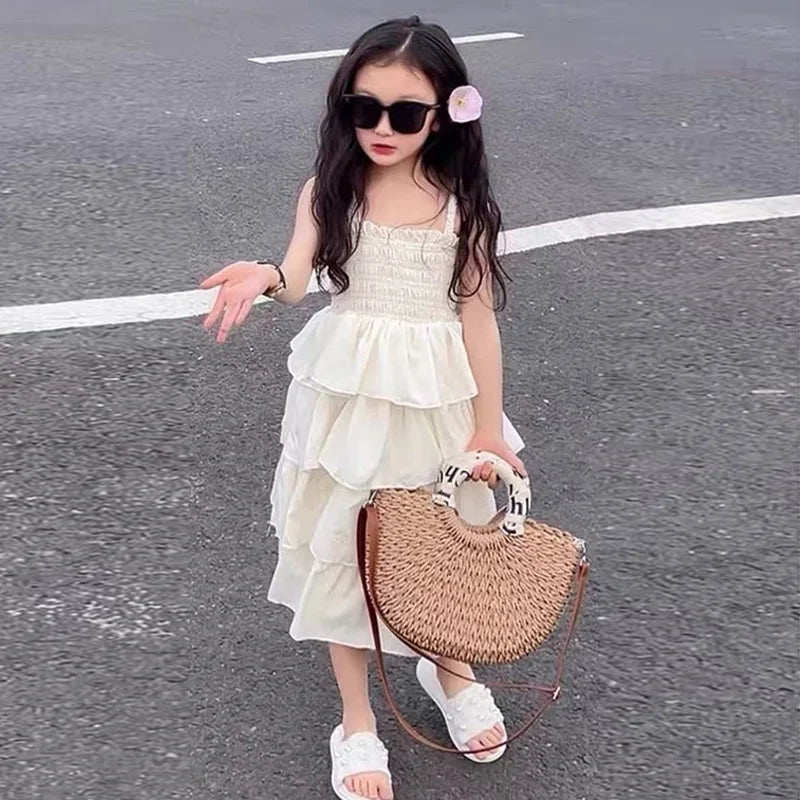 Girls Summer Dress Children Layers Slip Long Gown Kids Birthday Party Vestidos Clothes New Teenager Casual Sling Clothing