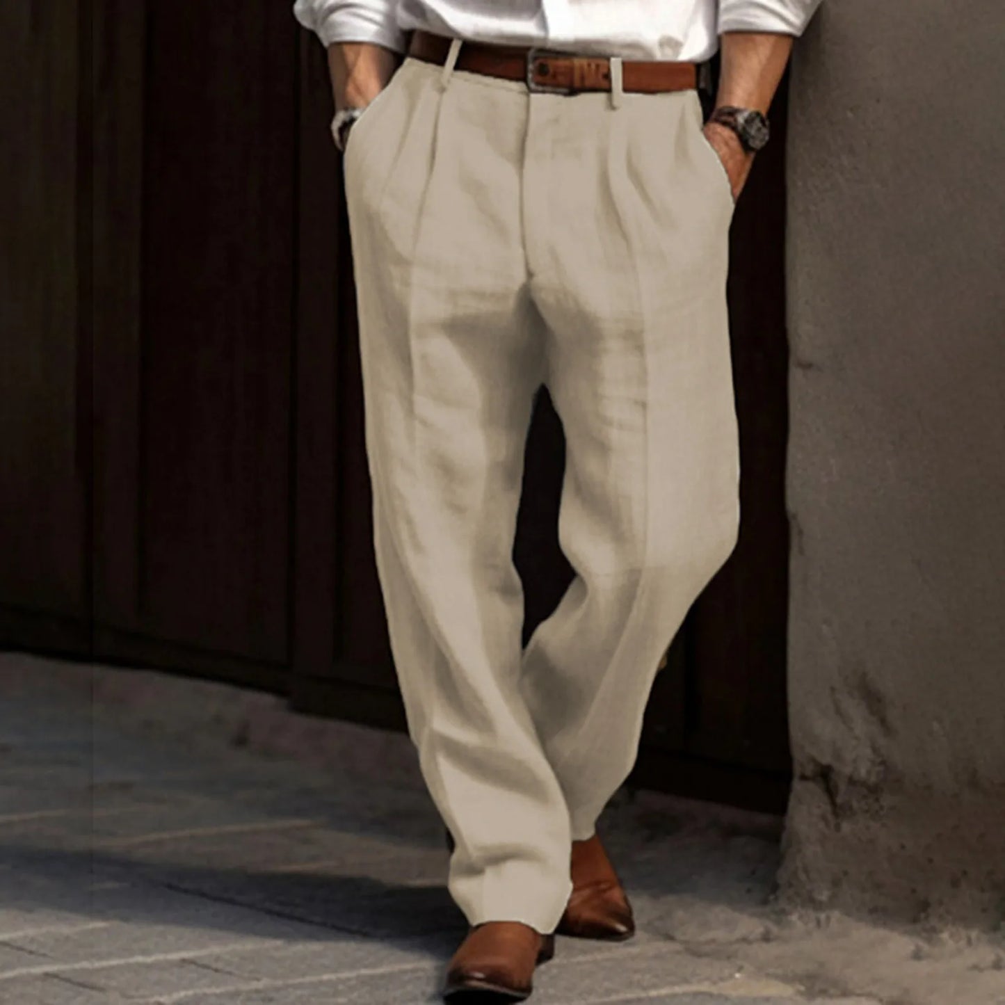 Man Pants Casual pantalones hombre Front Pocket Wide Leg Pants Elastic Waist Belt Loose Comfortable breathable Daily Pants