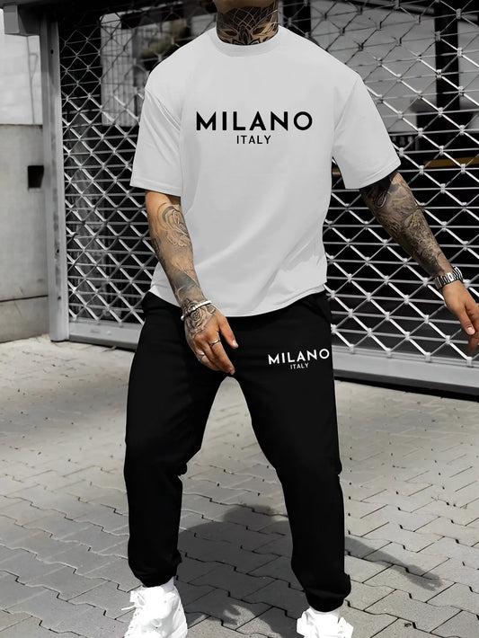 Men‘s Casual Sportswear Set Comfy Printed T-Shirt and Long Pants Suit  With Letter Printing Handsome Sports Two-piece Suit