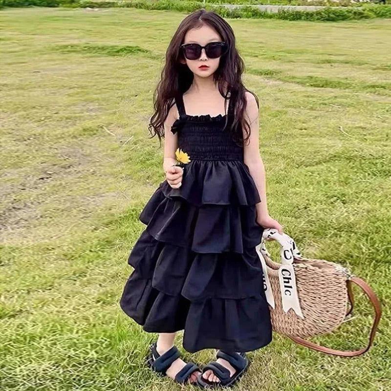 Girls Summer Dress Children Layers Slip Long Gown Kids Birthday Party Vestidos Clothes New Teenager Casual Sling Clothing