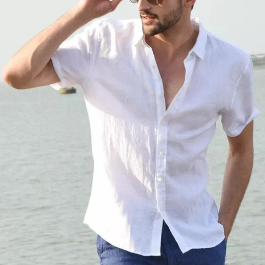 Men's casual short sleeve shirts leisure street wear lapel button-down solid color shirts for men vintage vacation blouse M-3XL