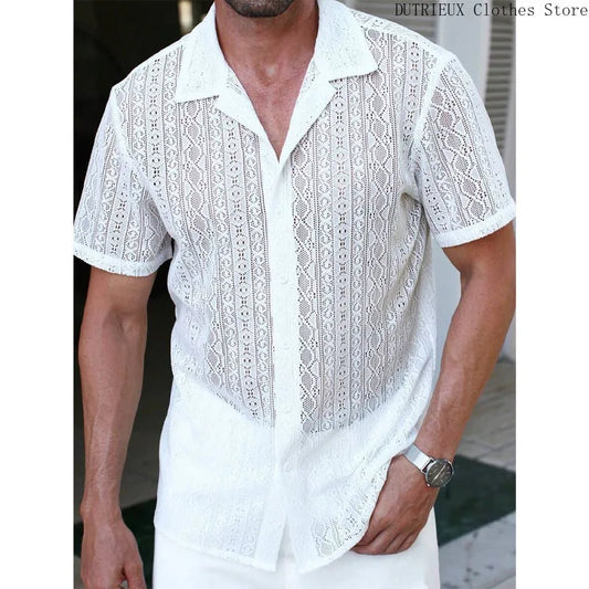 Casual Holiday Beach Men's Top Shirt Men's Elegant Sexy Lace See-through Short-sleeved Shirt Breathable Sunscreen Shirts for Men