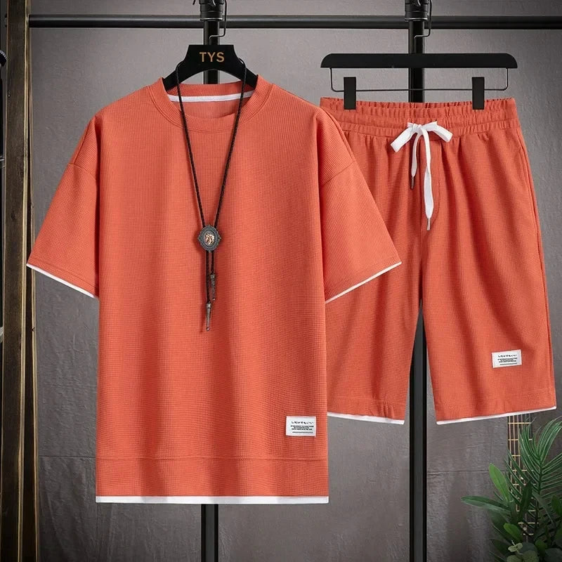 Men's casual sports set, round collar, short sleeve, loose shirt, shorts, waffle style clothing, personality streetwear, summer,
