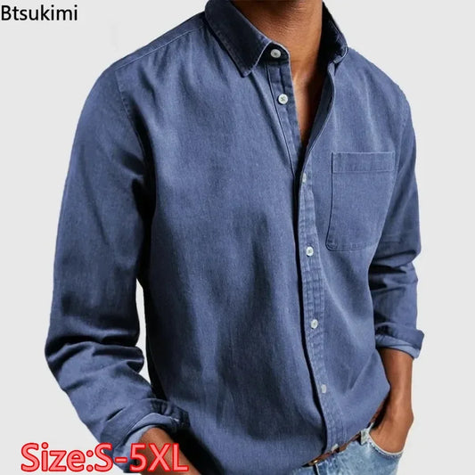 2025 Fashion Men's Clothing Breathable Cotton Long-sleeved Loose Casual Shirt Men Simple Lapel Tops Vintage All-match Man Blouse