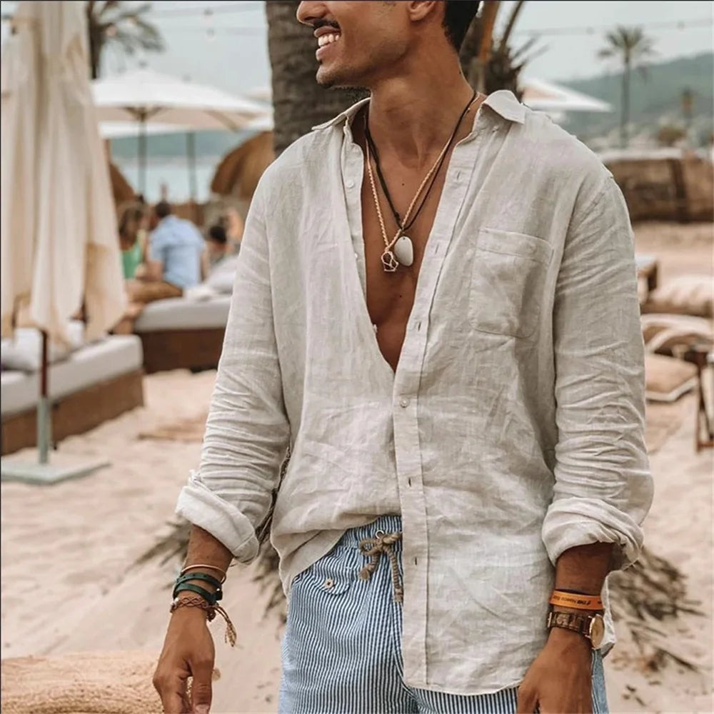 2024 Men Casual Cotton Linen ShirtsStanding Collar Male Solid Color Long Sleeves Loose Tops Spring Autumn Handsome Men's Shirts