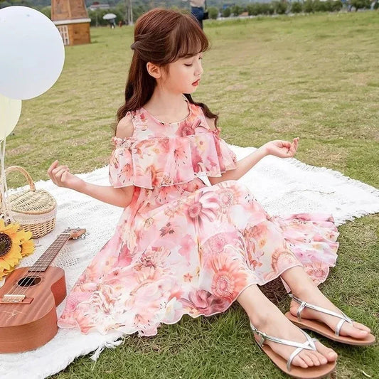Girls Dress 2023 Summer Floral Pattern Beach Long Dress For Girl Bohemia New Children Dresses Costume Teen 5 6 8 9 10 11 Years