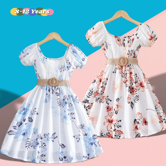 New Girl Dresses 8-12Yrs Children Short Sleeve Belt Silk Floral Casual Birthday Party Girls Gown
