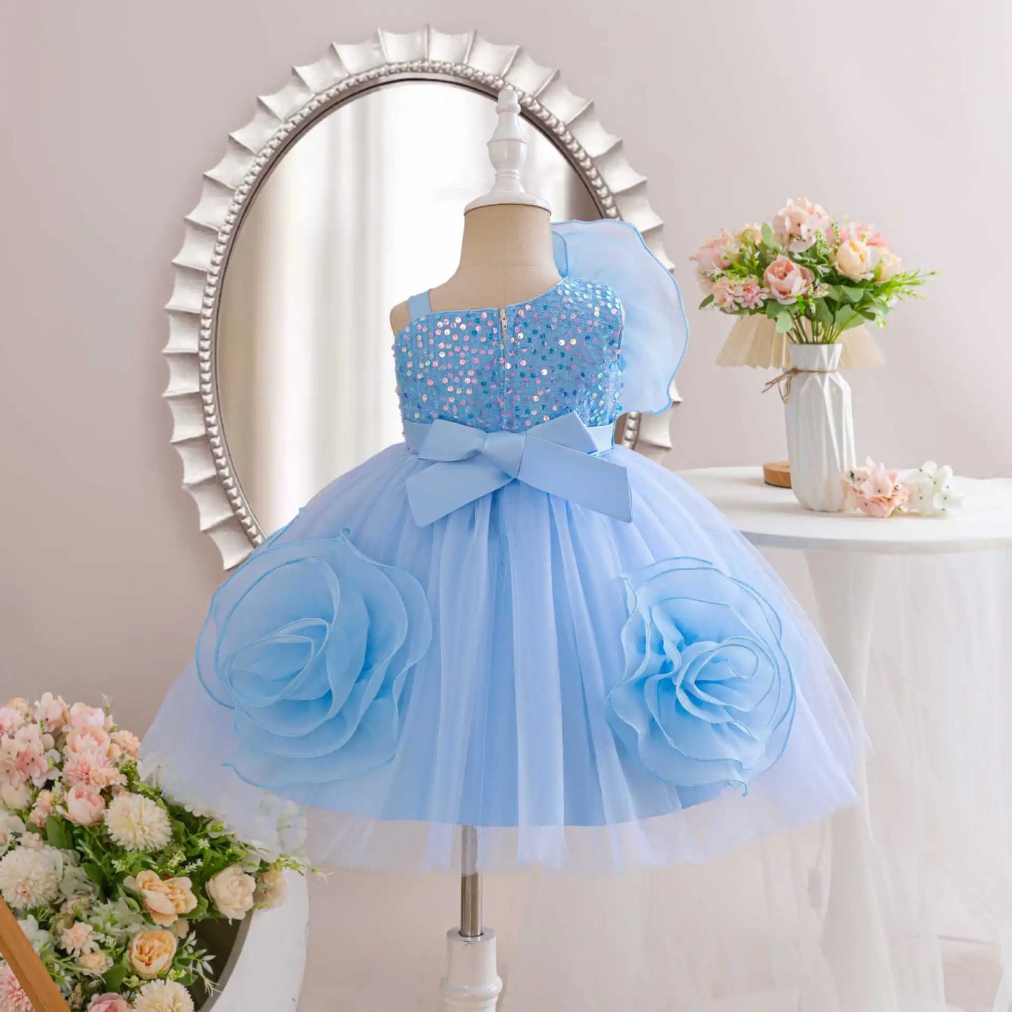 HETISO Girls Party Dresses Flower Elegant Child Wedding Gown Sequined Big Bow Kids Birthday Ceremonial Frocks 1-7 Years
