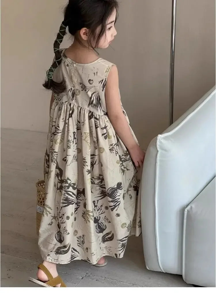 Girls Casual Dresses Floral Print Sleeveless Dress Flower Girl Dresses Kids Clothes for Girls 3 To 7 Years Toddler Girl Clothes