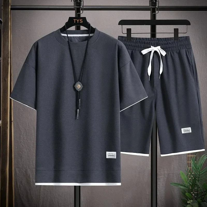 Men's casual sports set, round collar, short sleeve, loose shirt, shorts, waffle style clothing, personality streetwear, summer,