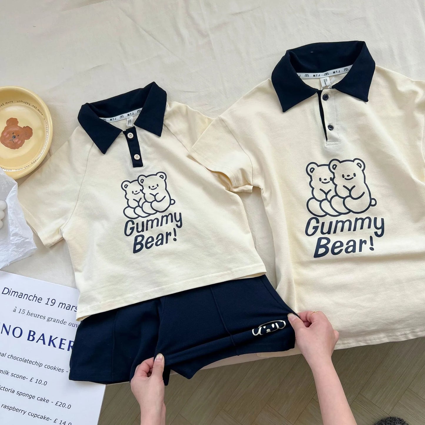 2024 New Brother Sister Costumes Boys Fashion Pullover Turn-down Collar Tops Solid Shorts Girls Cartoon Cute Dress Bear Dresses