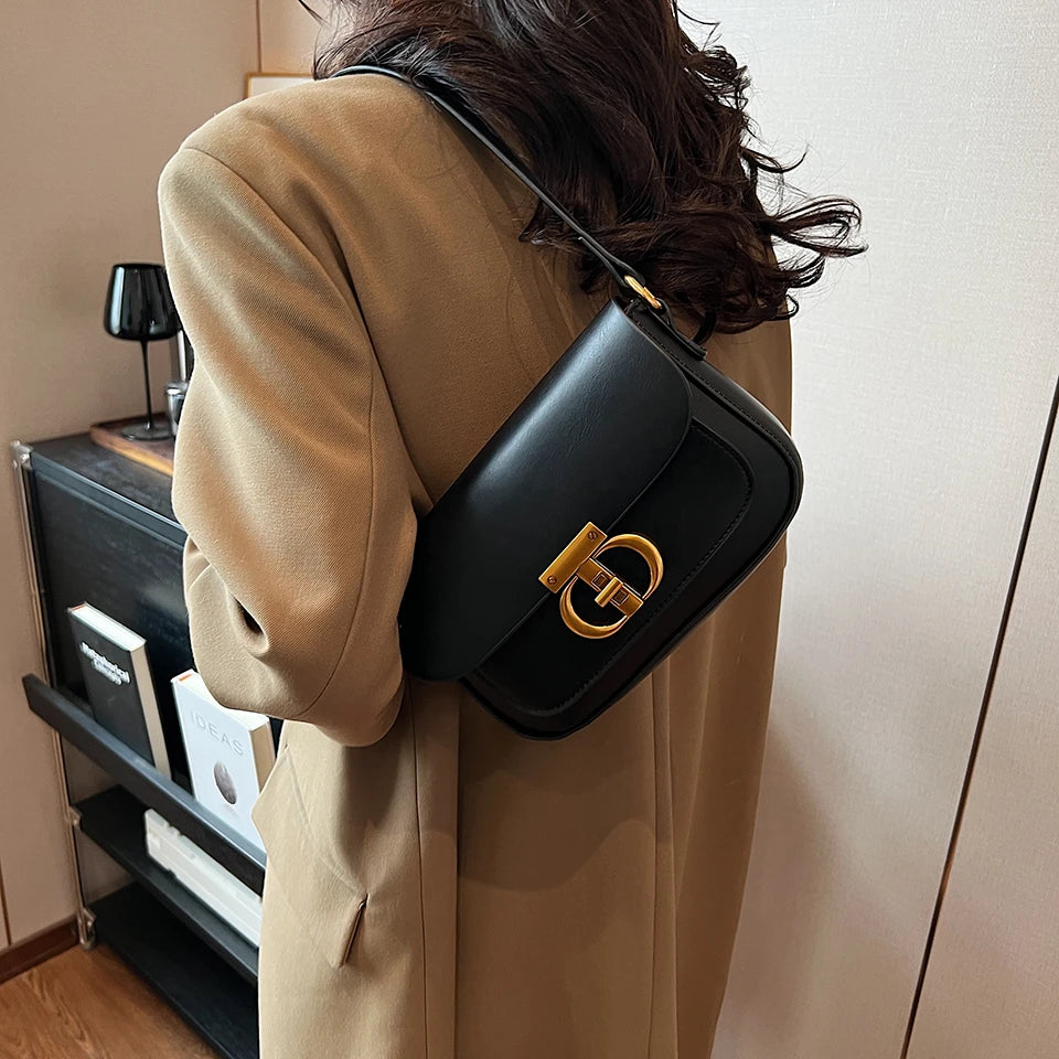 Retro Small Pu Leather Bag Women's Original Fashion Lock Women's Crossbody Shoulder Sac Senior Handbag Underarm Bag Designer