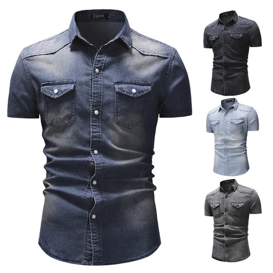2023 Summer New Simple Men Denim Shirt Casual Business Mens Short Sleeve Shirts Fashion Polo Collar Male Tops