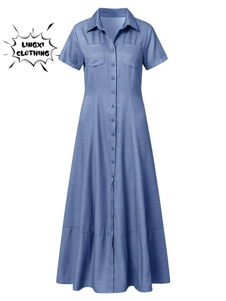 2023 Fashion New Long Dress Shirt Neck Pocket Large Swing Dress Casual Elegant Temperament Single Breasted Denim Dress