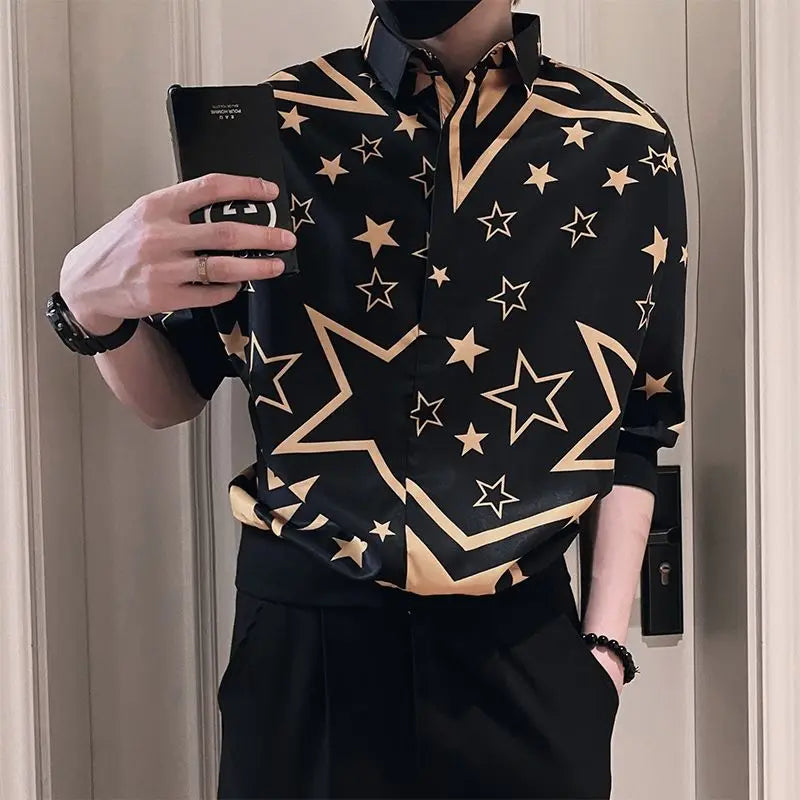 2023 New Men's Clothing Street Casual Fashion Tops Loose Turn-down Collar Printing Button Handsome Temperament Generous Shirts