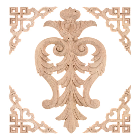 5Pcs Decorative Corner Appliques and Wood Applique Set Bed Door Cabinet Wardrobe Furniture Woodcarved DIY Onlays Home Decorative