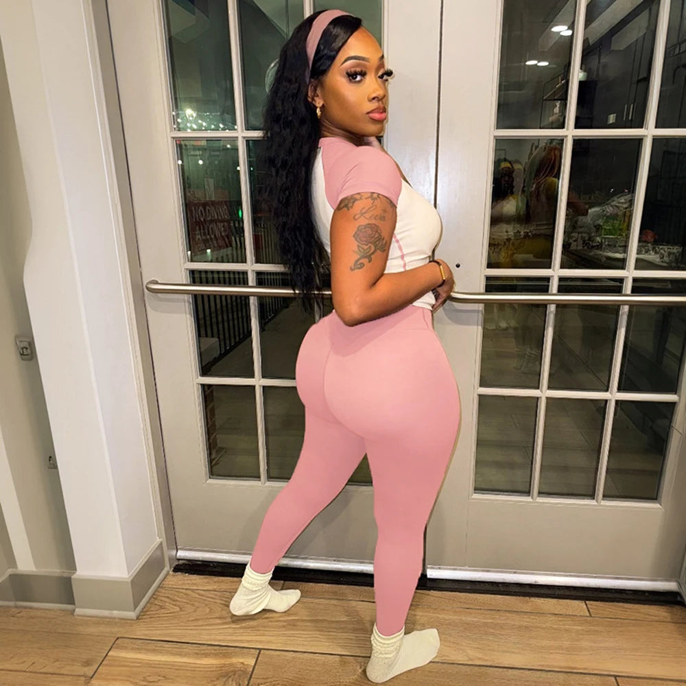 Athleisure Sport Wear Women Sets Fashion Colorblock Short Sleeve Shirt + Leggings Pants Tracksuit 2 Two Piece Set with Headband