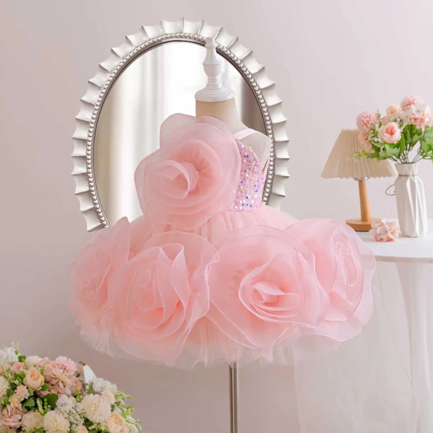 HETISO Girls Party Dresses Flower Elegant Child Wedding Gown Sequined Big Bow Kids Birthday Ceremonial Frocks 1-7 Years
