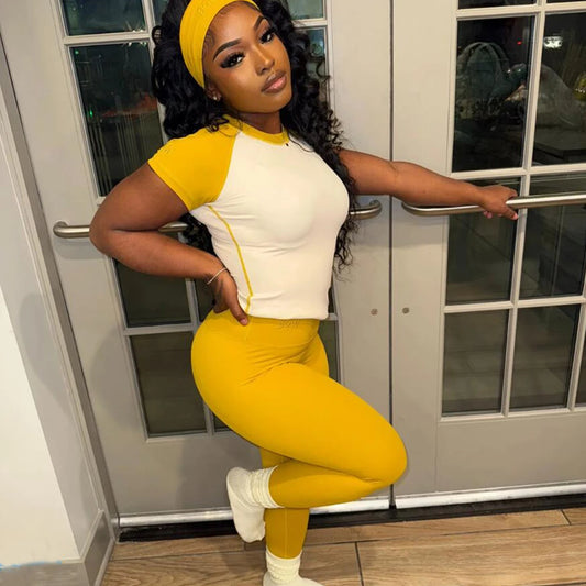 Athleisure Sport Wear Women Sets Fashion Colorblock Short Sleeve Shirt + Leggings Pants Tracksuit 2 Two Piece Set with Headband