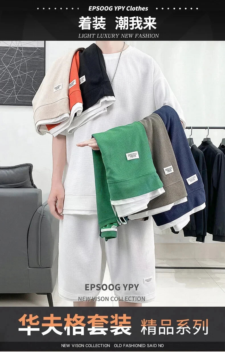 Men's casual sports set, round collar, short sleeve, loose shirt, shorts, waffle style clothing, personality streetwear, summer,