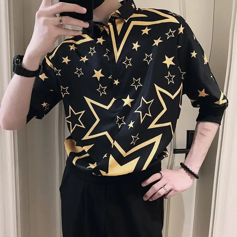 2023 New Men's Clothing Street Casual Fashion Tops Loose Turn-down Collar Printing Button Handsome Temperament Generous Shirts