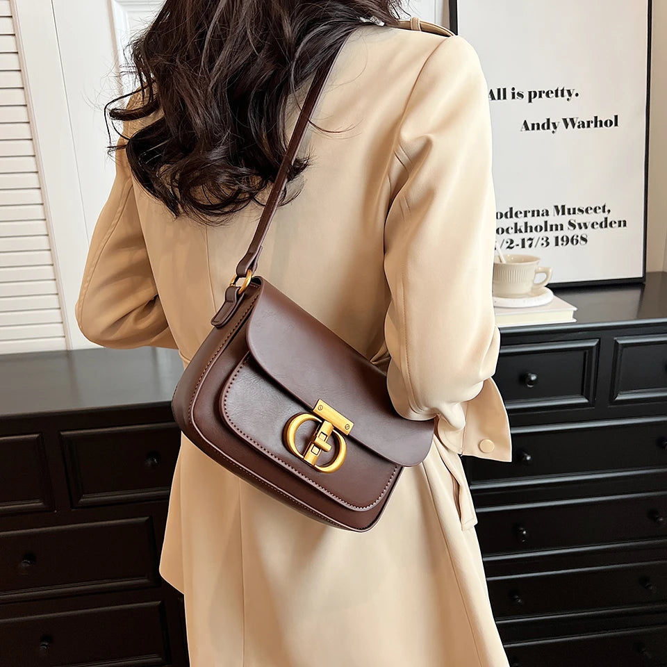 Retro Small Pu Leather Bag Women's Original Fashion Lock Women's Crossbody Shoulder Sac Senior Handbag Underarm Bag Designer