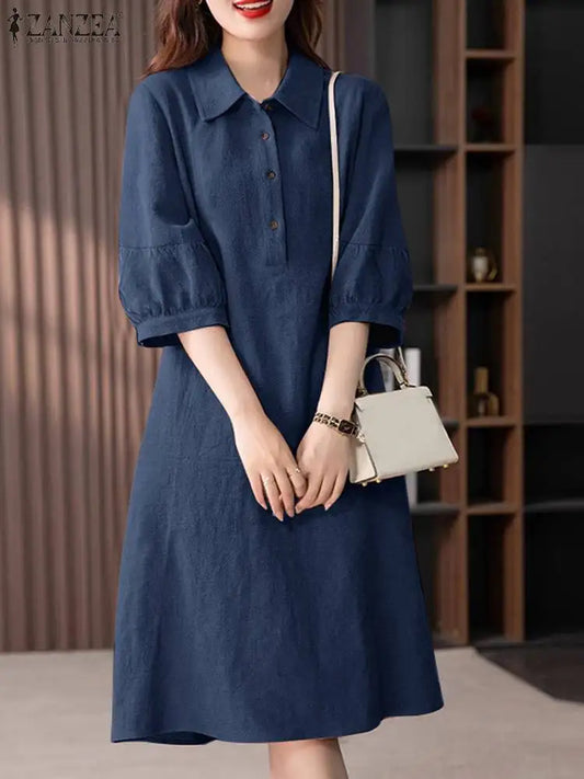 ZANZEA Women Cotton Shirt Dress 2024 Summer Lapel Neck Dresses Korean Office 3/4 Sleeve Midi Vestidos Elegant Solid Buttons Robe