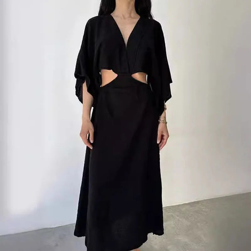 2024 Chic Short Sleeve Solid Slit Dresses Fashion Women Cotton Linen Long Dress Sexy Elegant V-neck Waist Hollow Party Dress