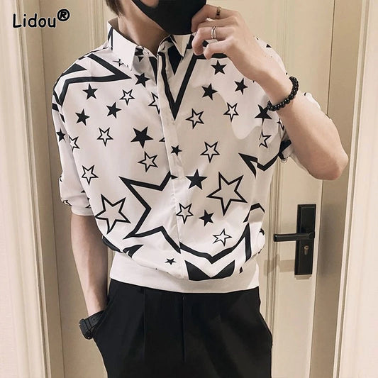 2023 New Men's Clothing Street Casual Fashion Tops Loose Turn-down Collar Printing Button Handsome Temperament Generous Shirts