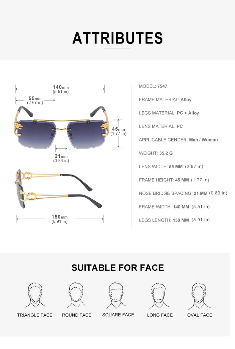 Fashion Metal Leopard Rimless Sunglasses Double Bridges Gradient Ocean Film Shades UV400