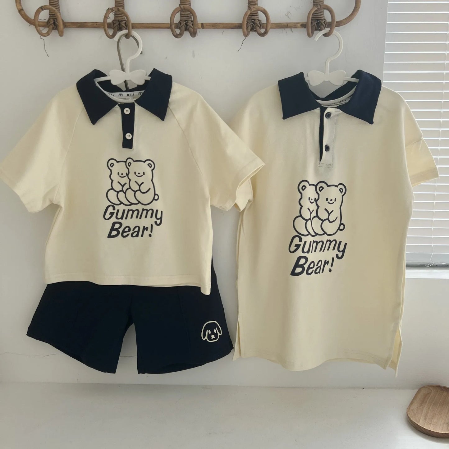 2024 New Brother Sister Costumes Boys Fashion Pullover Turn-down Collar Tops Solid Shorts Girls Cartoon Cute Dress Bear Dresses