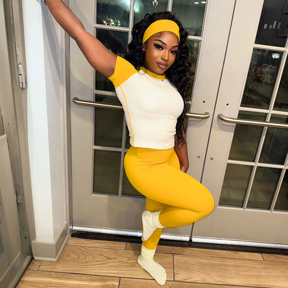 Athleisure Sport Wear Women Sets Fashion Colorblock Short Sleeve Shirt + Leggings Pants Tracksuit 2 Two Piece Set with Headband